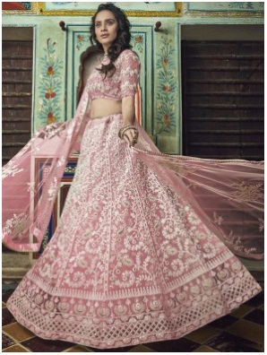 Peach Net Embroiderd Partywear Lehenga Choli